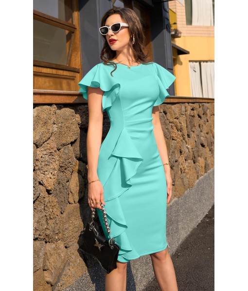 Memoriesea Women's Vintage Church Ruffle Sleeve Ruched Bodycon Work Midi Pencil Dress