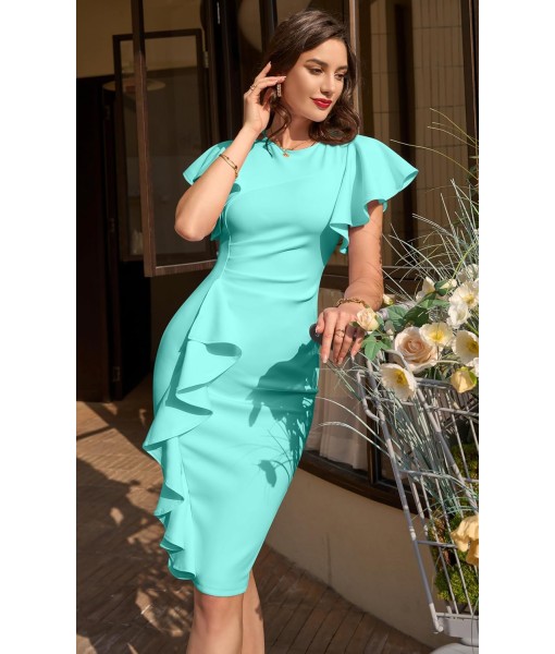 Memoriesea Women's Vintage Church Ruffle Sleeve Ruched Bodycon Work Midi Pencil Dress