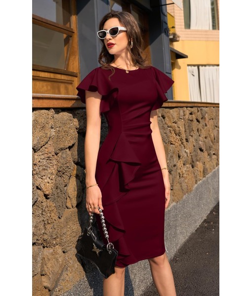 Memoriesea Women's Vintage Church Ruffle Sleeve Ruched Bodycon Work Midi Pencil Dress