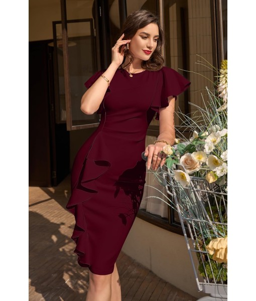 Memoriesea Women's Vintage Church Ruffle Sleeve Ruched Bodycon Work Midi Pencil Dress