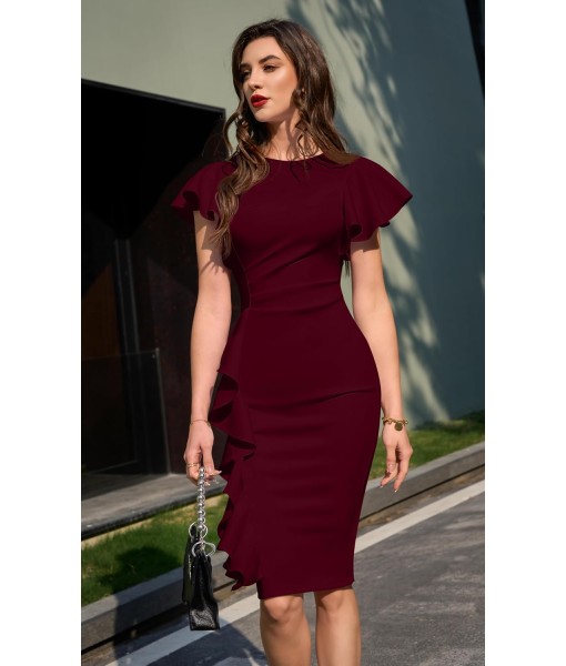 Memoriesea Women's Vintage Church Ruffle Sleeve Ruched Bodycon Work Midi Pencil Dress