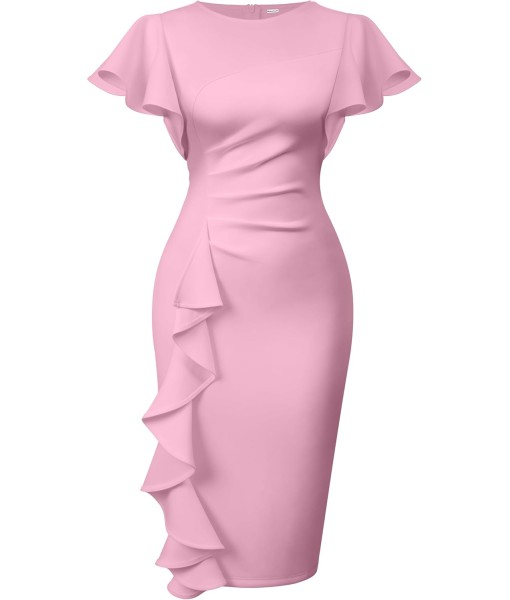 Memoriesea Women's Vintage Church Ruffle Sleeve Ruched Bodycon Work Midi Pencil Dress