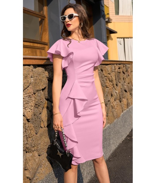 Memoriesea Women's Vintage Church Ruffle Sleeve Ruched Bodycon Work Midi Pencil Dress