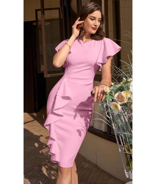 Memoriesea Women's Vintage Church Ruffle Sleeve Ruched Bodycon Work Midi Pencil Dress