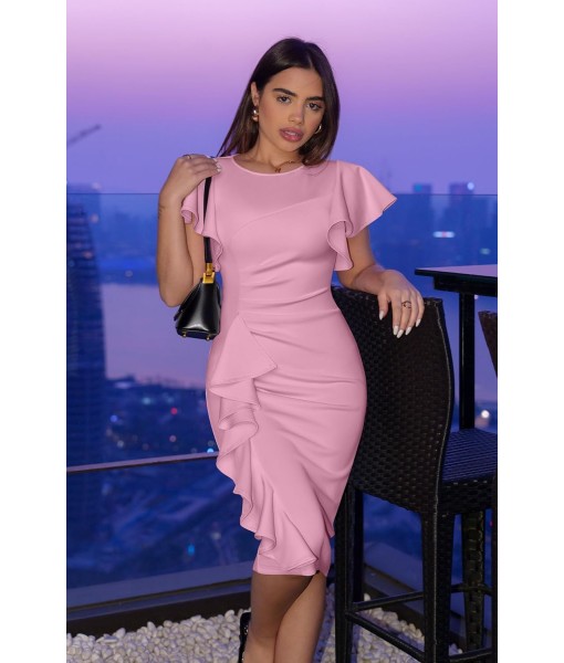 Memoriesea Women's Vintage Church Ruffle Sleeve Ruched Bodycon Work Midi Pencil Dress