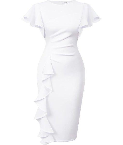 Memoriesea Women's Vintage Church Ruffle Sleeve Ruched Bodycon Work Midi Pencil Dress