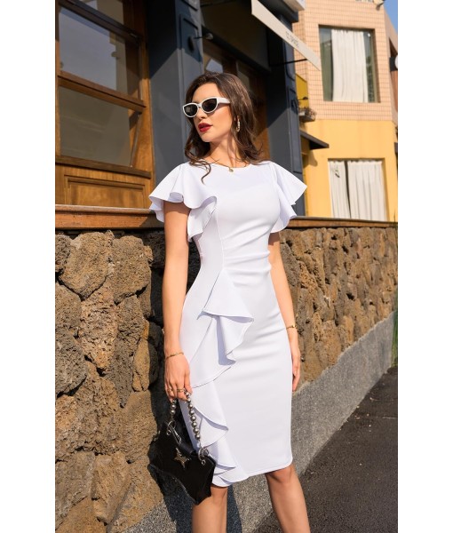 Memoriesea Women's Vintage Church Ruffle Sleeve Ruched Bodycon Work Midi Pencil Dress