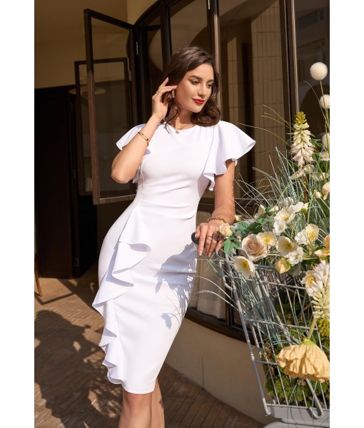 Memoriesea Women's Vintage Church Ruffle Sleeve Ruched Bodycon Work Midi Pencil Dress