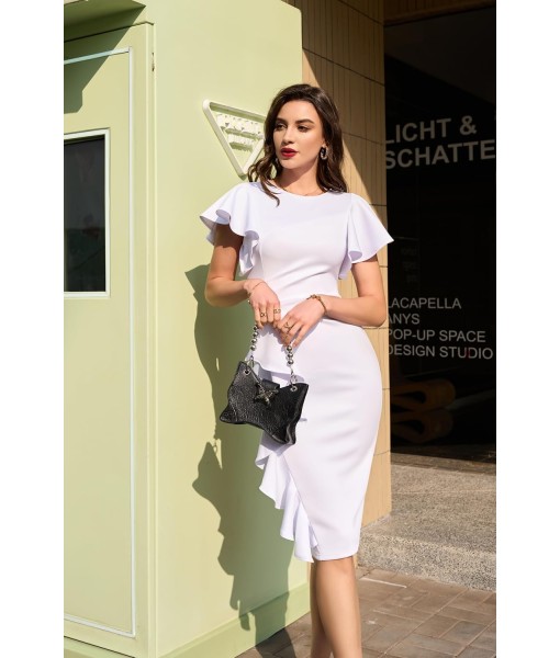 Memoriesea Women's Vintage Church Ruffle Sleeve Ruched Bodycon Work Midi Pencil Dress
