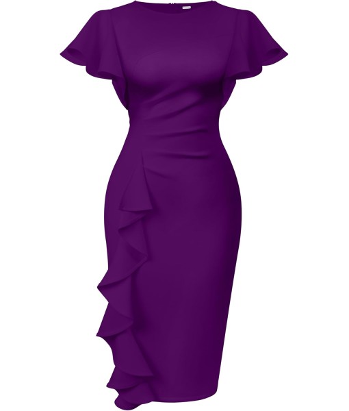 Memoriesea Women's Vintage Church Ruffle Sleeve Ruched Bodycon Work Midi Pencil Dress