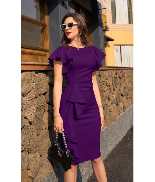 Memoriesea Women's Vintage Church Ruffle Sleeve Ruched Bodycon Work Midi Pencil Dress