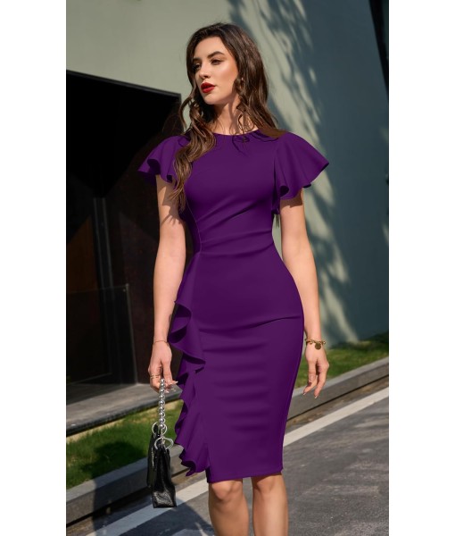 Memoriesea Women's Vintage Church Ruffle Sleeve Ruched Bodycon Work Midi Pencil Dress