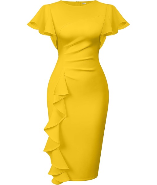Memoriesea Women's Vintage Church Ruffle Sleeve Ruched Bodycon Work Midi Pencil Dress