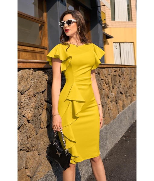 Memoriesea Women's Vintage Church Ruffle Sleeve Ruched Bodycon Work Midi Pencil Dress