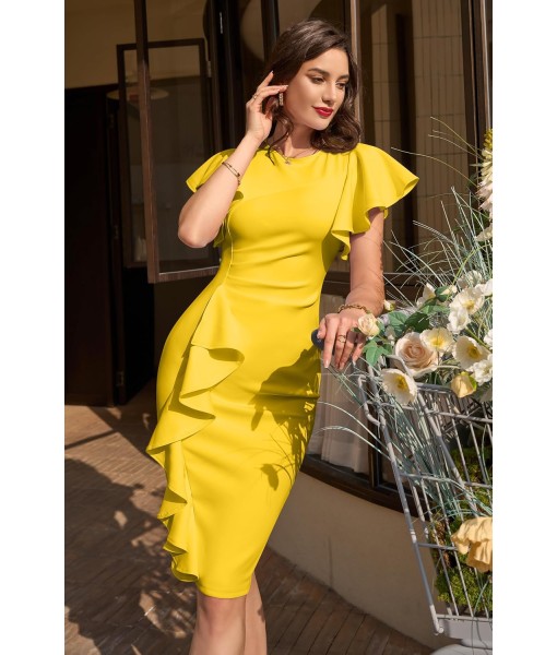 Memoriesea Women's Vintage Church Ruffle Sleeve Ruched Bodycon Work Midi Pencil Dress