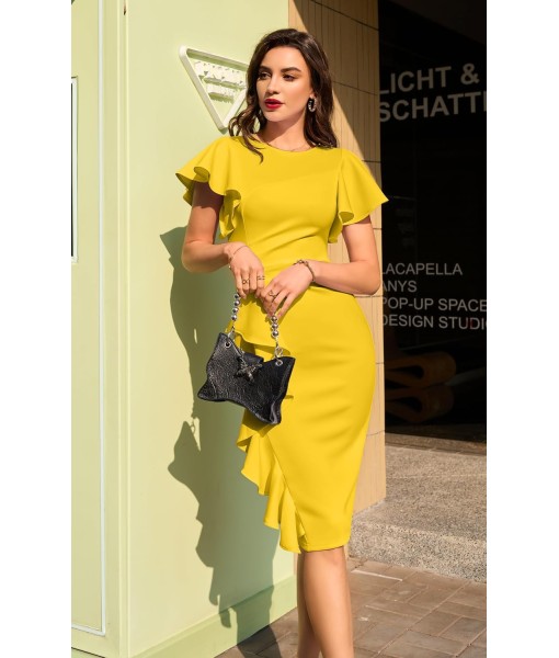 Memoriesea Women's Vintage Church Ruffle Sleeve Ruched Bodycon Work Midi Pencil Dress