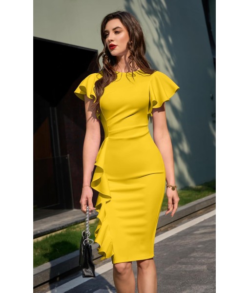 Memoriesea Women's Vintage Church Ruffle Sleeve Ruched Bodycon Work Midi Pencil Dress