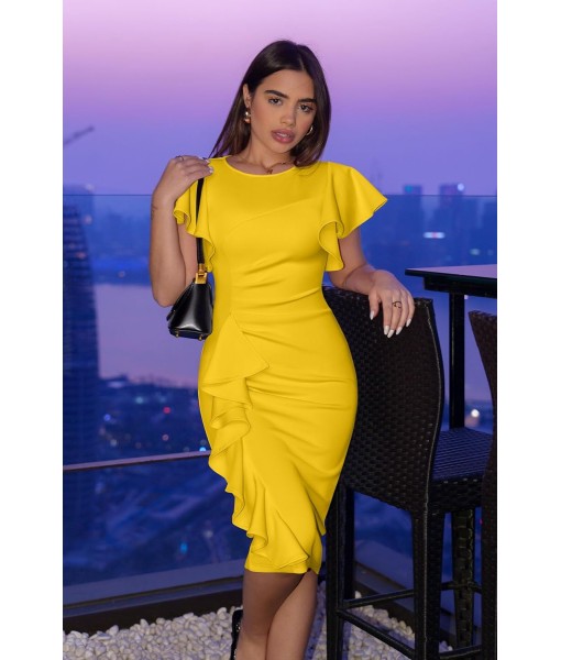 Memoriesea Women's Vintage Church Ruffle Sleeve Ruched Bodycon Work Midi Pencil Dress
