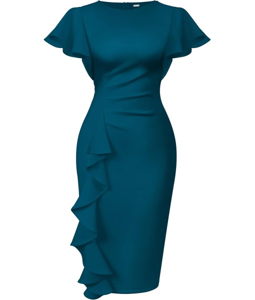 Memoriesea Women's Vintage Church Ruffle Sleeve Ruched Bodycon Work Midi Pencil Dress