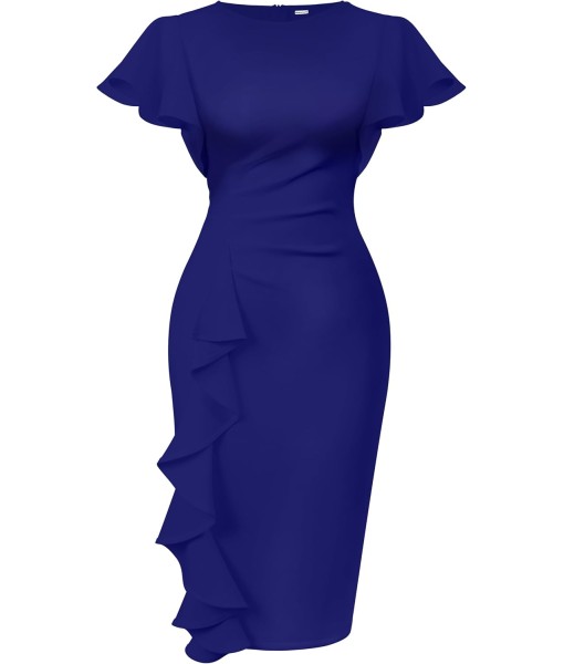 Memoriesea Women's Vintage Church Ruffle Sleeve Ruched Bodycon Work Midi Pencil Dress