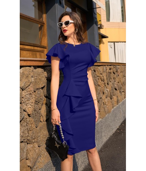 Memoriesea Women's Vintage Church Ruffle Sleeve Ruched Bodycon Work Midi Pencil Dress