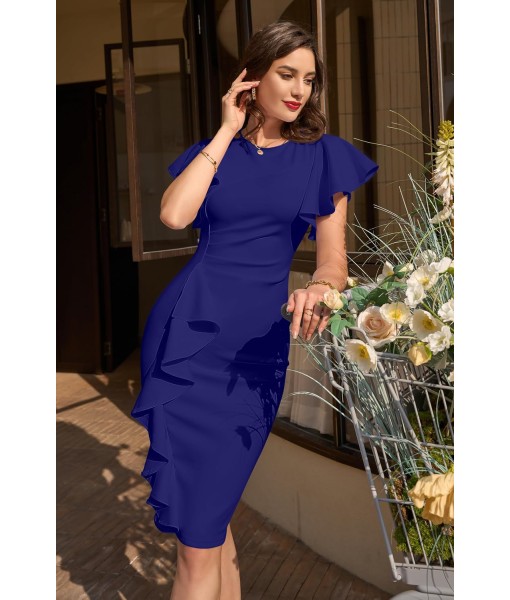 Memoriesea Women's Vintage Church Ruffle Sleeve Ruched Bodycon Work Midi Pencil Dress