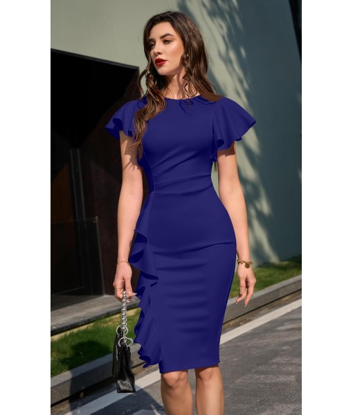 Memoriesea Women's Vintage Church Ruffle Sleeve Ruched Bodycon Work Midi Pencil Dress