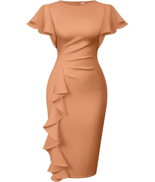 Memoriesea Women's Vintage Church Ruffle Sleeve Ruched Bodycon Work Midi Pencil Dress
