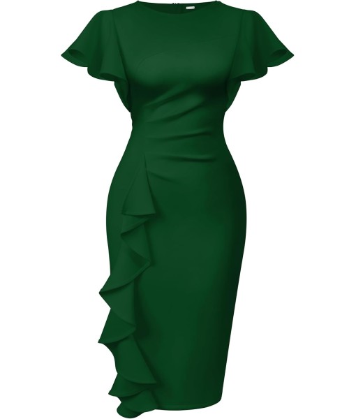 Memoriesea Women's Vintage Church Ruffle Sleeve Ruched Bodycon Work Midi Pencil Dress