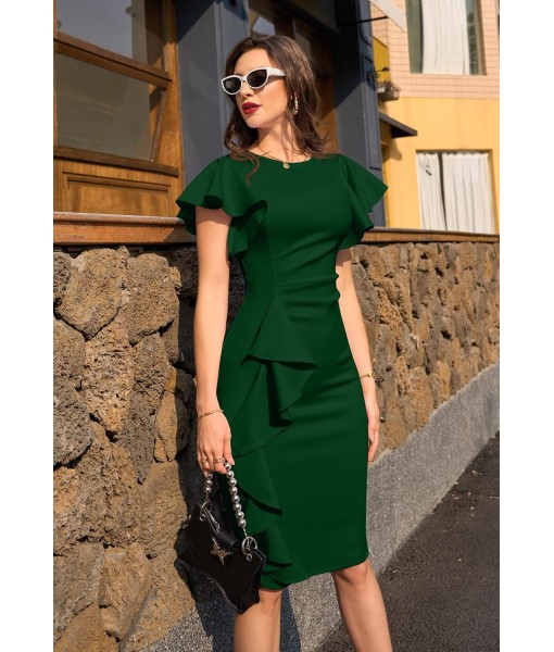 Memoriesea Women's Vintage Church Ruffle Sleeve Ruched Bodycon Work Midi Pencil Dress