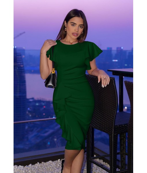 Memoriesea Women's Vintage Church Ruffle Sleeve Ruched Bodycon Work Midi Pencil Dress