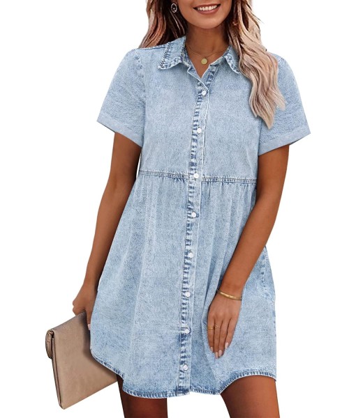 GRAPENT Denim Dress for Women Babydoll Tiered Short Sleeve Button Down Jean Shirt Dresses