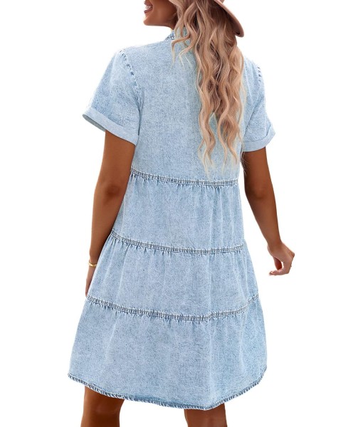 GRAPENT Denim Dress for Women Babydoll Tiered Short Sleeve Button Down Jean Shirt Dresses