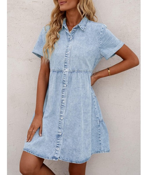 GRAPENT Denim Dress for Women Babydoll Tiered Short Sleeve Button Down Jean Shirt Dresses