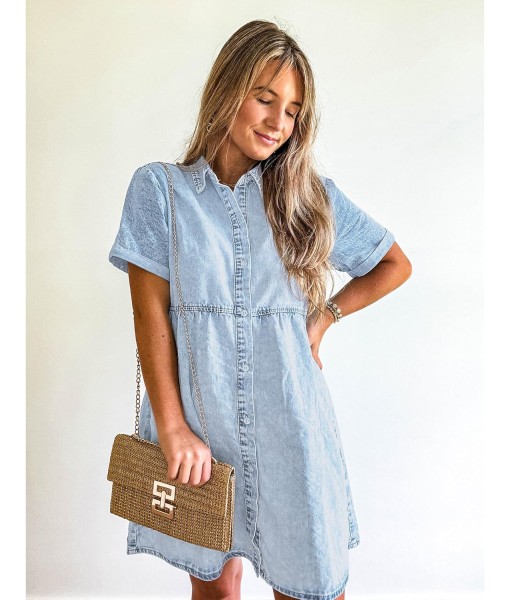 GRAPENT Denim Dress for Women Babydoll Tiered Short Sleeve Button Down Jean Shirt Dresses