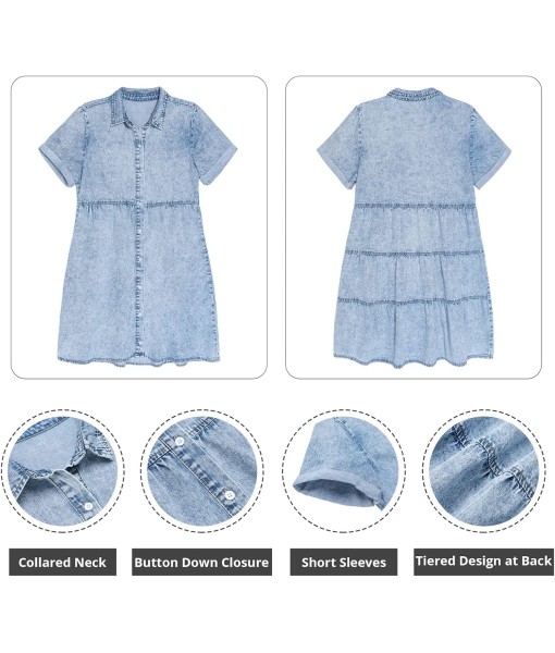 GRAPENT Denim Dress for Women Babydoll Tiered Short Sleeve Button Down Jean Shirt Dresses