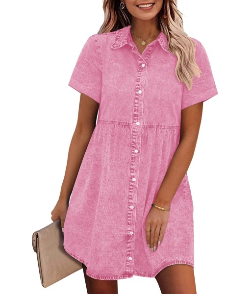 GRAPENT Denim Dress for Women Babydoll Tiered Short Sleeve Button Down Jean Shirt Dresses