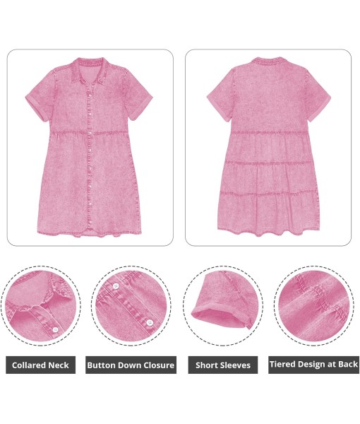 GRAPENT Denim Dress for Women Babydoll Tiered Short Sleeve Button Down Jean Shirt Dresses