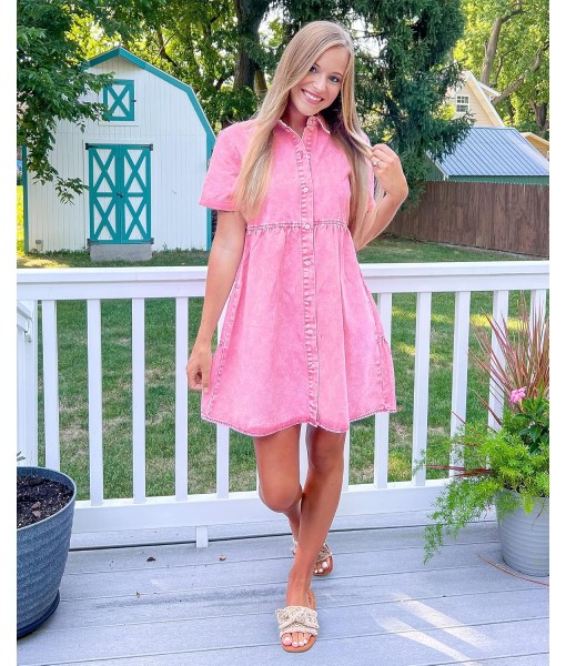 GRAPENT Denim Dress for Women Babydoll Tiered Short Sleeve Button Down Jean Shirt Dresses