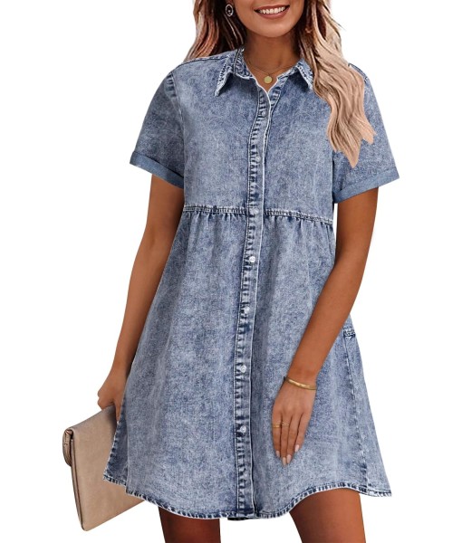 GRAPENT Denim Dress for Women Babydoll Tiered Short Sleeve Button Down Jean Shirt Dresses