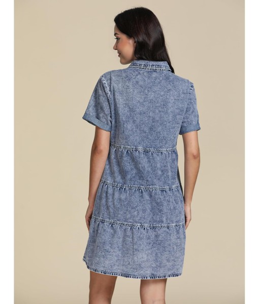 GRAPENT Denim Dress for Women Babydoll Tiered Short Sleeve Button Down Jean Shirt Dresses