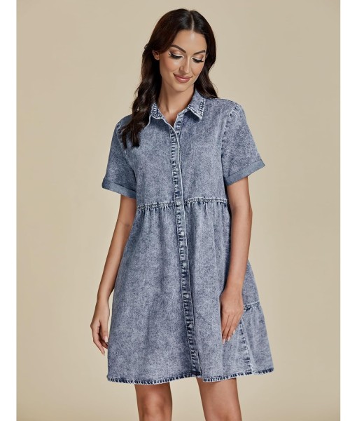 GRAPENT Denim Dress for Women Babydoll Tiered Short Sleeve Button Down Jean Shirt Dresses
