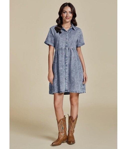 GRAPENT Denim Dress for Women Babydoll Tiered Short Sleeve Button Down Jean Shirt Dresses