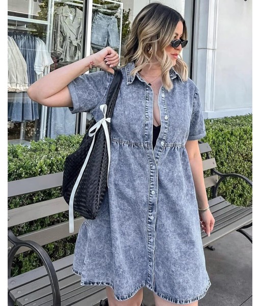 GRAPENT Denim Dress for Women Babydoll Tiered Short Sleeve Button Down Jean Shirt Dresses