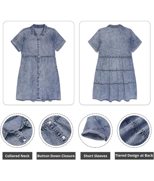 GRAPENT Denim Dress for Women Babydoll Tiered Short Sleeve Button Down Jean Shirt Dresses