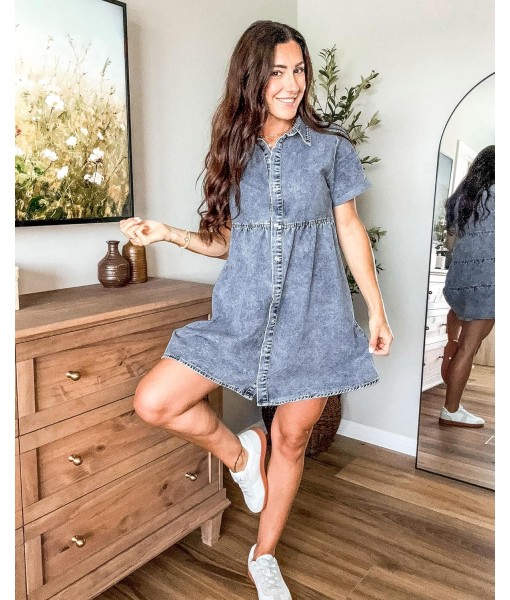 GRAPENT Denim Dress for Women Babydoll Tiered Short Sleeve Button Down Jean Shirt Dresses
