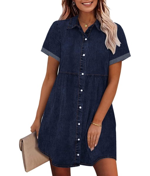 GRAPENT Denim Dress for Women Babydoll Tiered Short Sleeve Button Down Jean Shirt Dresses