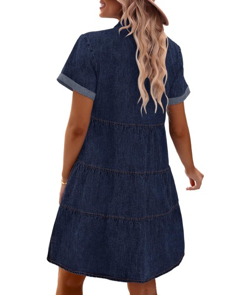 GRAPENT Denim Dress for Women Babydoll Tiered Short Sleeve Button Down Jean Shirt Dresses