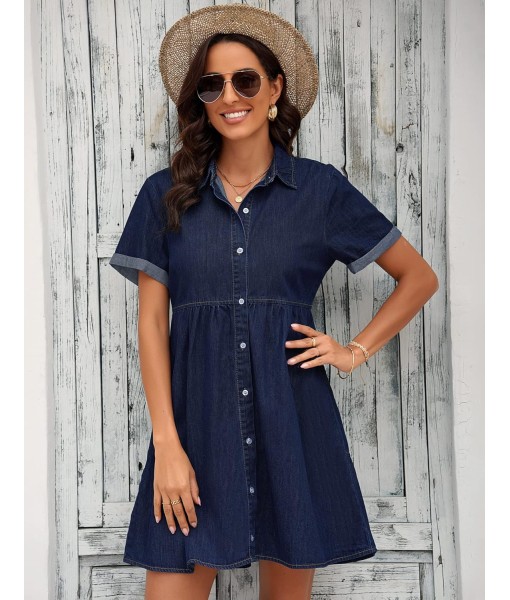 GRAPENT Denim Dress for Women Babydoll Tiered Short Sleeve Button Down Jean Shirt Dresses