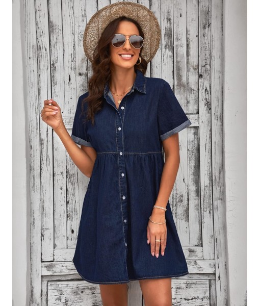 GRAPENT Denim Dress for Women Babydoll Tiered Short Sleeve Button Down Jean Shirt Dresses